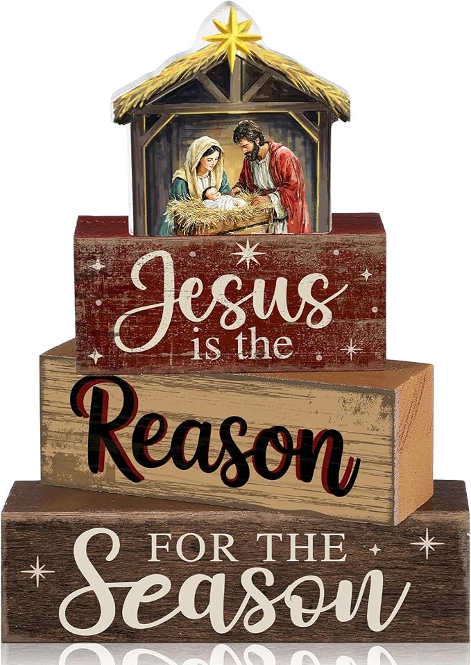 Moucuny 4 Pcs Christmas Table Decor Christian Nativity Scene Wooden Blocks | Tiered Stacked Centerpiece for Shelf Mantel, Rustic Christmas Holiday Decor with Manger Scene Star Topper, Layered Display