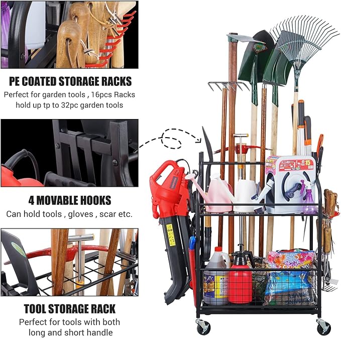 Mythinglogic Rolling Garden Tool Organizer for Garage, Yard and Lawn Tools | Metal rolling rack with multiple tool slots, movable hooks and locking casters for rakes, shovels, brooms and yard tools