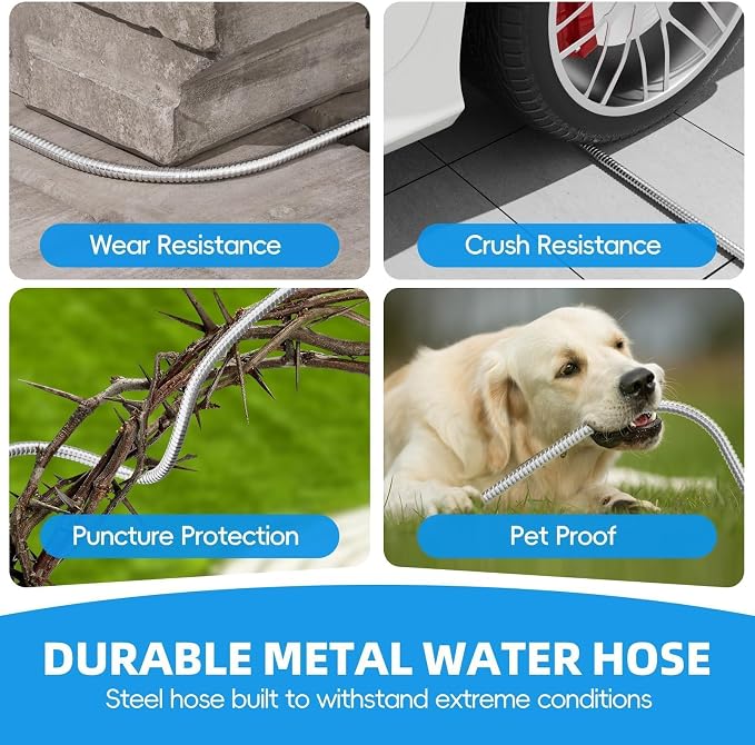 SPECILITE 100ft 304 Stainless Steel Metal Garden Hose with Independent Grip | Adjustable Brass Nozzle, 3/4" Solid Brass Connectors, Flexible, Puncture Resistant, Non-Expandable for Yard Outdoor Lawn