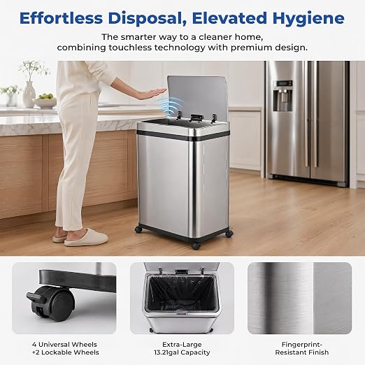 Pukomc Kitchen Trash Can,13 Gallon Motion Sensor Garbage Can | Brushed Stainless Steel ,Automatic Touchless,Removable garbage can ,Liner Pocket ,Fits Any Kitchen, Bathroom, Office, or Home