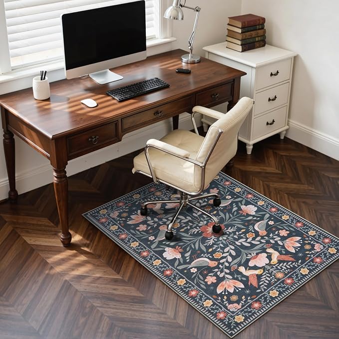 Anidaroel 36"x48" Office Chair Mat for Hardwood Floor, Black Floral Computer Chair Mat, Anti-Slip Vintage Under Desk Rug for Office, Low Pile Bird Bug Office Rugs for Rolling Chairs