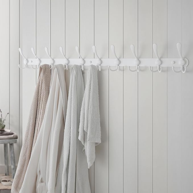 Dseap Coat Rack Wall Mount - 38” Long 10-Tri-Hooks Heavy Duty Coat Hanger Rail Wall Hooks for Hanging Coats Hats Clothing Clothes Purse Mudroom Entryway, White