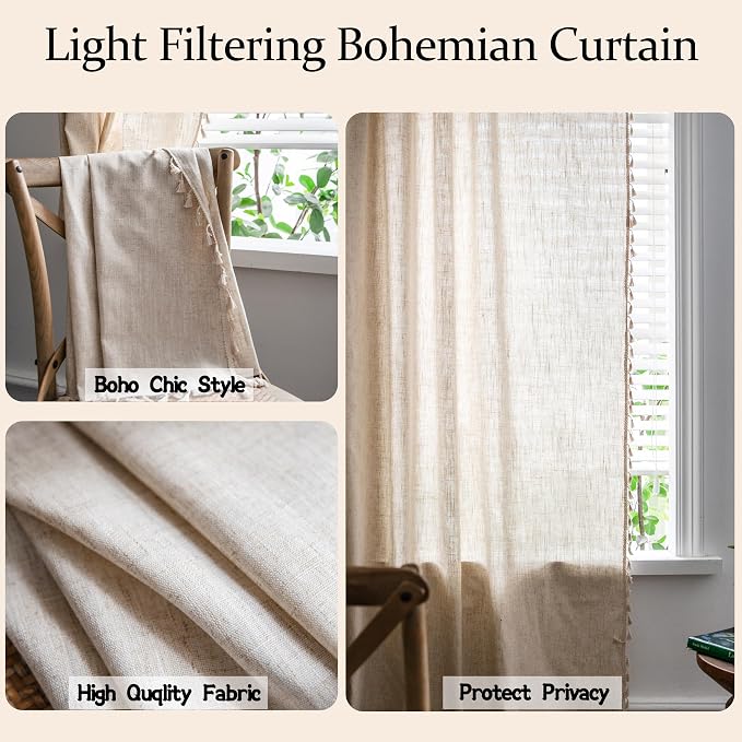 Sutuo Home Boho Curtain for Farmhouse Bedroom, Natural Linen Look Textured Burlap Rod Pocket Chic Light Filtering Bohemian Handmade Tassels Window Treatment for Living Room, 1 Panel 59" W x 108" L