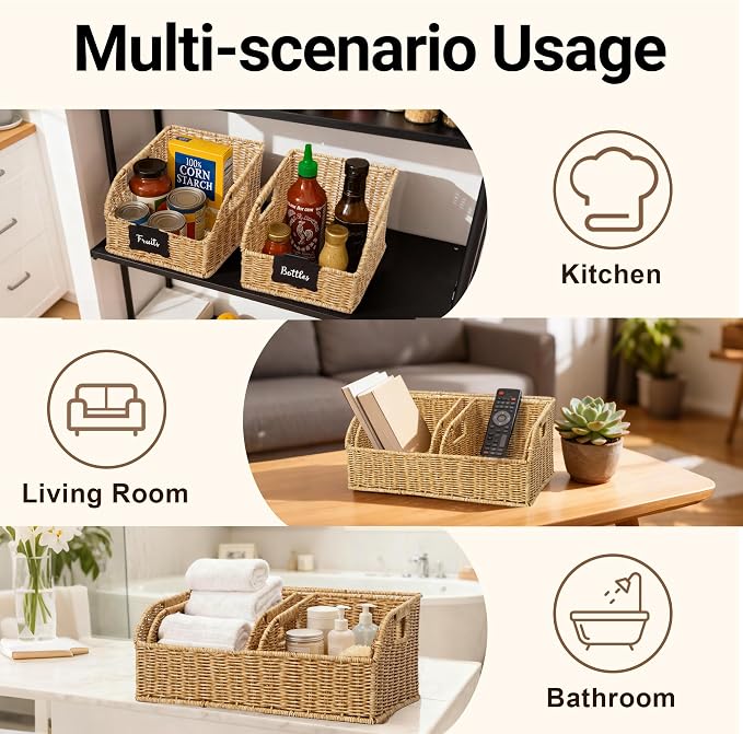 Brownlily Faux Wicker Pantry Storage Baskets, Natural-Single Set (3-Piece) | Handwoven Baskets for Organizing with Built-in Handles, All-Purpose Storage Baskets with Chalkboard for Shelves,Laundry Room