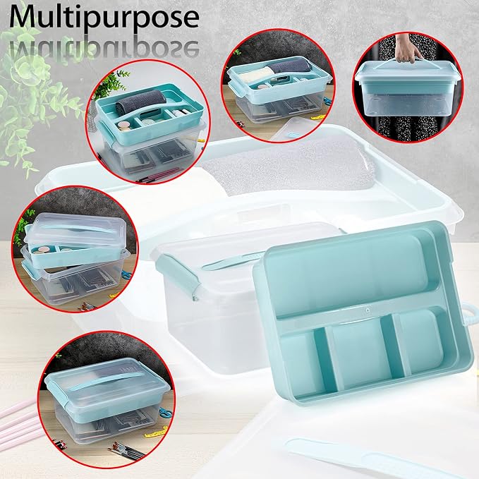 BTSKY Stack & Carry Box, Clear Plastic Storage Container Stackable Home Utility Box with Removable Tray Multi-Purpose Storage Bin for Organizing Stationery, Sewing, Art Craft Supplies(Blue) | Stackable Home Utility Box Multi-Purpose Storage Bin for Org...