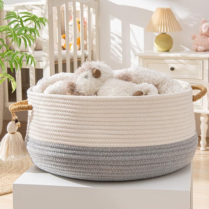KAKAMAY Woven Baskets for Storage(16"x8"),Blanket Basket for Organizing Living Room,Cotton Rope Basket Woven Baby Laundry Hamper,Collapsible Laundry Room Organization,Clothes,Toy Chest(Grey)