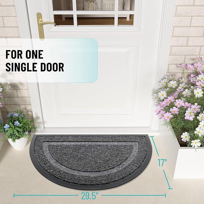 OLANLY Half Circle Front Door Mat Outside 29.5x17 All-Season Rubber Doormat | Black and White, Absorbent, Heavy-Duty, Stain and Fade Resistant, Non-Slip Backing, Low-Profile Indoor Outdoor Entryway Mat