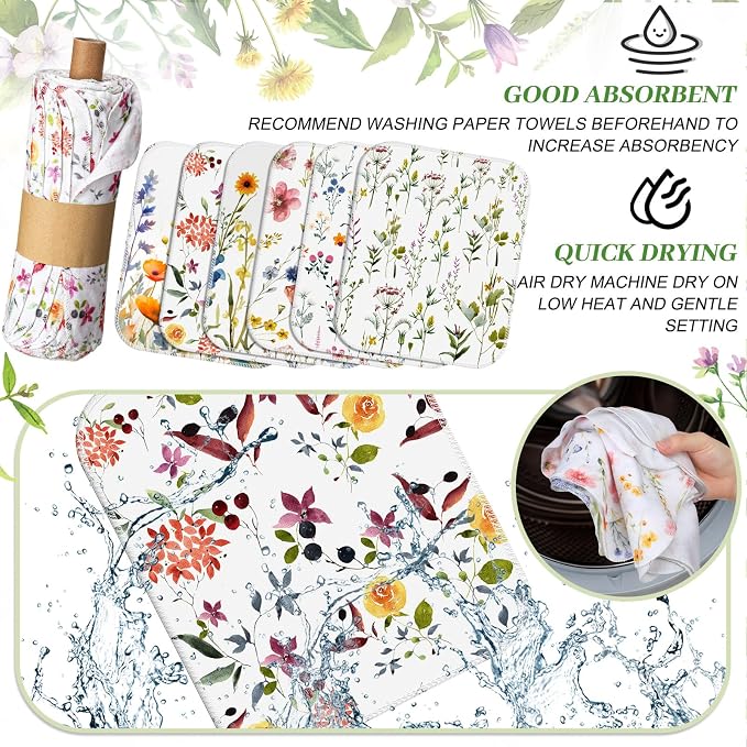 Reusable Kitchen Cloths Cotton Towel, 18 Pack, Wildflowers | Washable 9.84x11.81in, Paperless Towel Rolls Bulk, Cleaning Cloth Napkins for Dishes
