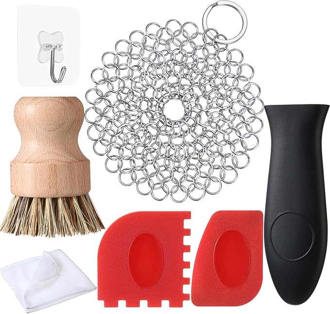 Patelai Cast Iron Cleaning Kit, Chainmail Scrubber Brush,Classic Color | Cast Iron Accessories with 2 Grill Scrapers, Handle Holder, Dish Cloth, Wall Hook for Cast Iron Pan Skillet Camping Kitchen