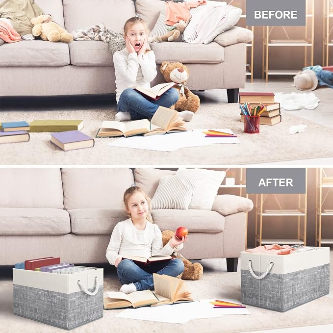 Storage Bins 2-Pack, Foldable Storage Baskets for Organizing Toys, Books, Shelves, Closet, Large Storage Box with Rope Handles, Sturdy Organizer Bins, White & Grey