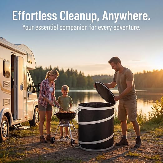 23 Gallon Compact Collapsible Trash Can 2 Pack, Pop Up Waste Container with Hard Plastic Base & Drain Holes, Portable Small Leaf Garbage Bin for RV Camping, Patio, Indoor Laundry & Small Yard Storage