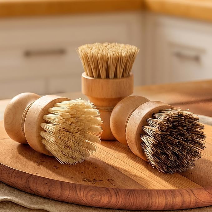 Wood Dish Brush, Natural Fiber Kitchen Scrubber with Ergonomic Grip, 3 Pack | Eco Palm Dish Scrub Brush Set, Natural Rubber Wood Grip Handle for Cleaning Dishes, Pots, Pans, Sink, Tableware, Vegetables