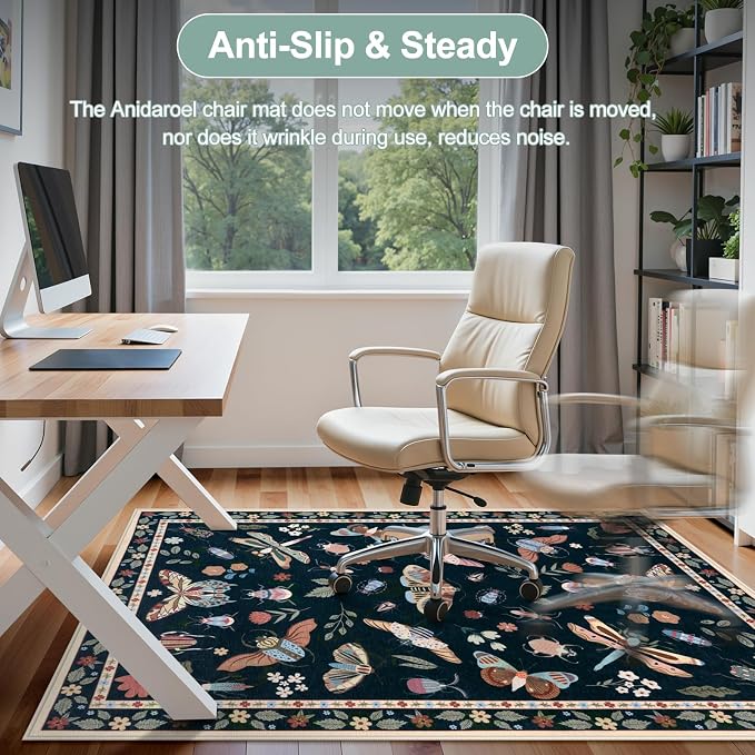 Anidaroel 48"x60" Office Chair Mat for Hardwood Floor/Tile, Black Anti-Slip Computer Chair Mat, Insect Print Office Rugs for Rolling Chairs, Low Pile Desk Floor Mat for Hardwood Floors