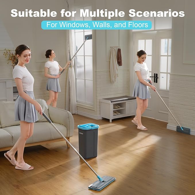 JOYMOOP Mop and Bucket Set with Wringer, with 3 Reusable Microfiber Mop Pads, Mops for Floor Cleaning and Wall Cleaning, Hands-Free Flat Mop for Home Use - Grey+Cyan Blue