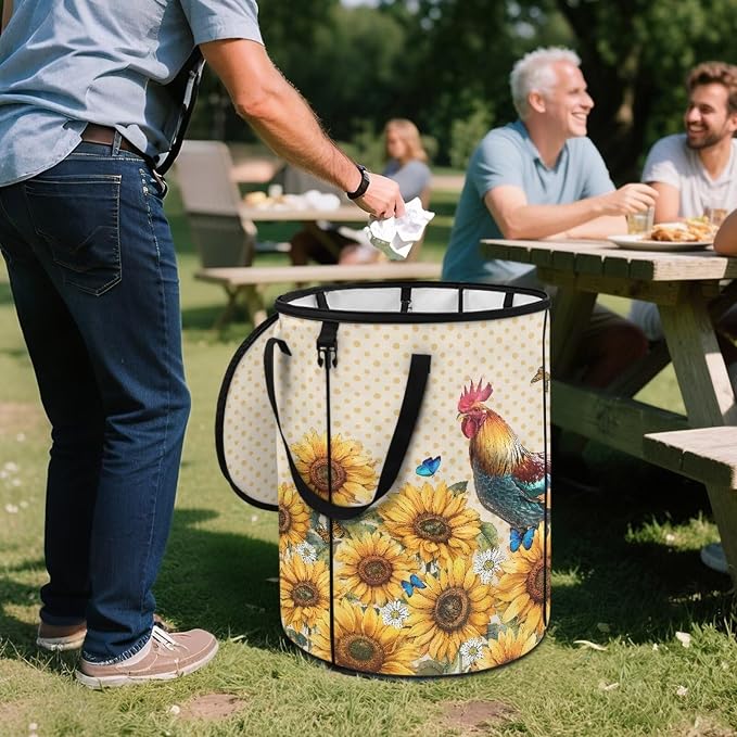 Sunflower Rooster Outdoor Collapsible Trash Can Lightweight & Easy to Carry Pop up Trash Can for Camping Foldable Waterproof Camping Essentials 24 Gal Yard Garden Garbage Bin