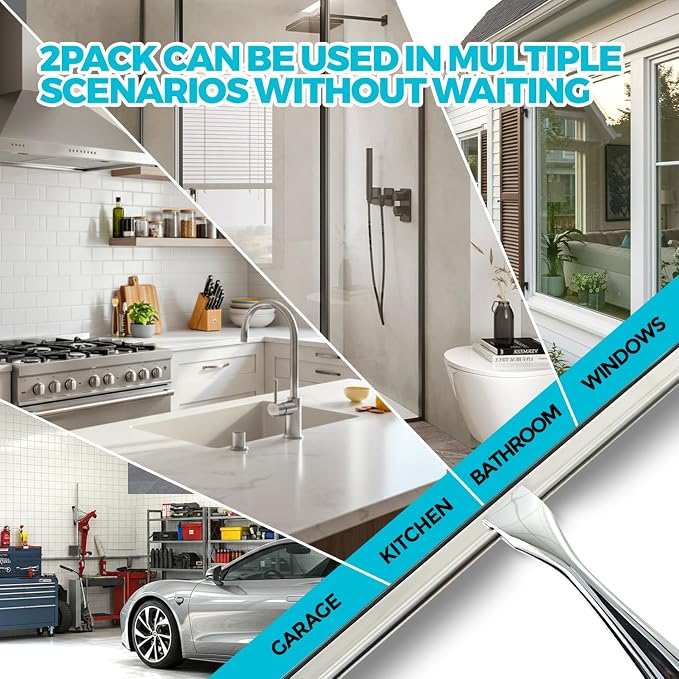 2pcs Shower Squeegee for Glass Doors with Adhesive Hanging Hook Set | 12” Silver, Bathroom Accessories, Window Cleaner, New Home Essentials, Soft Rubber Blade, Metal Handle, Ergonomic Grip