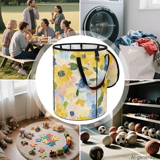 Yellow Floral Collapsible Trash Can 24 Gallon Pop-Up Outdoor Garbage Can with Handles Waterproof Lightweight Storage Bag with Lids for Laundry Toy Room Garden Patio Camping