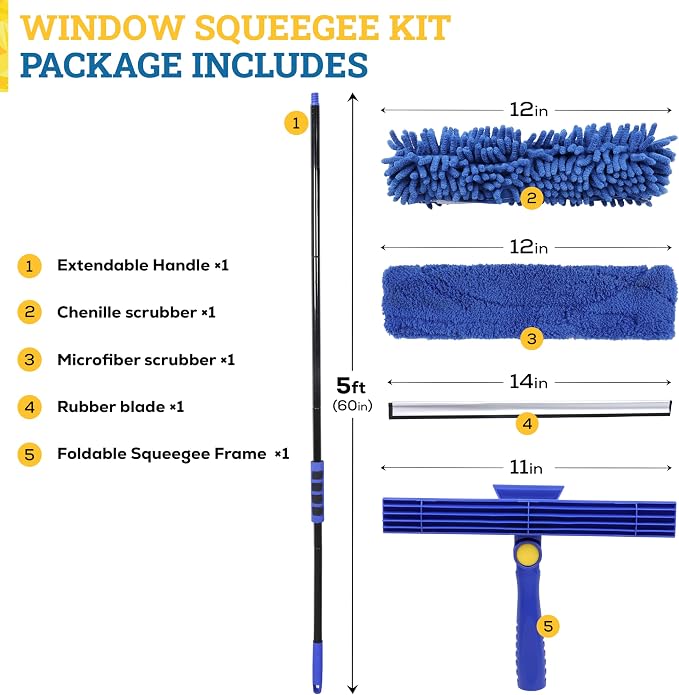 2-in-1 Window Squeegee with 60” Extendable Pole | Rotatable Glass Cleaner Tool for Commercial and Residential Use, 2 Reusable Sleeves and 14” Blade