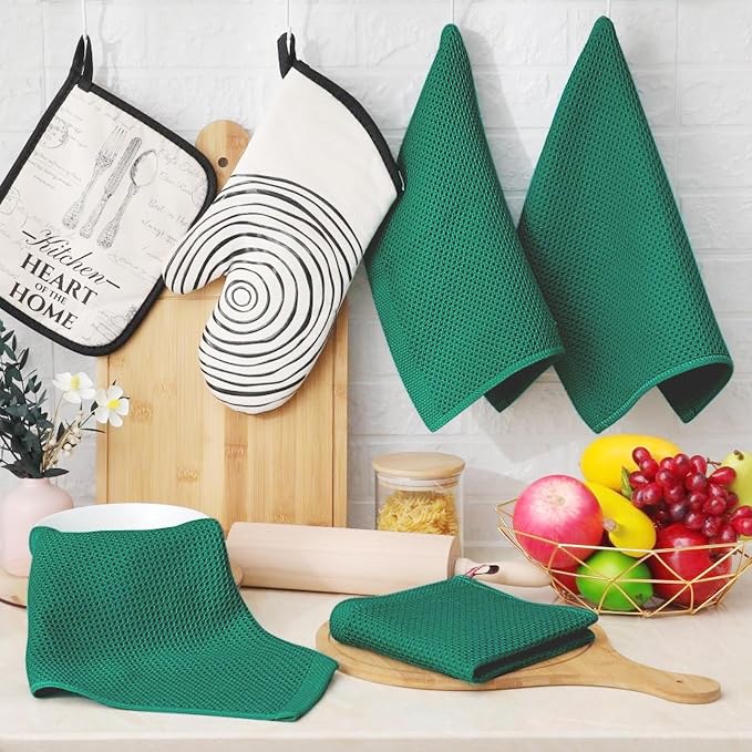 Homaxy 100% Cotton Waffle Weave Kitchen Dish Cloths 8-Pack, Dark Green | 12 x 12 Inches, Ultra Soft Absorbent Dish Towels, Quick Drying Dish Rags with Hanging Loop