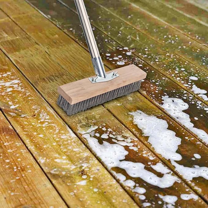 Deck Brush with Long Handle, Wire Deck Scrub Brush, High Efficiency Stainless Steel Deck Scrubber for Cleaning Concrete Patio Floor