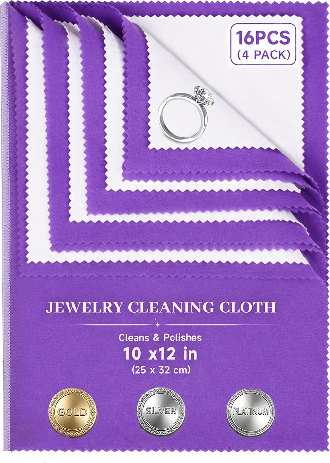 Bonison 4 Pack Large Silver Polishing Cloth – 10"x12" Jewelry Cleaning Cloth & Multi-Layer Jewelry Polishing Cloth for Silver, Gold, Diamond, Platinum, Coins, Watches, Gemstones (Purple)