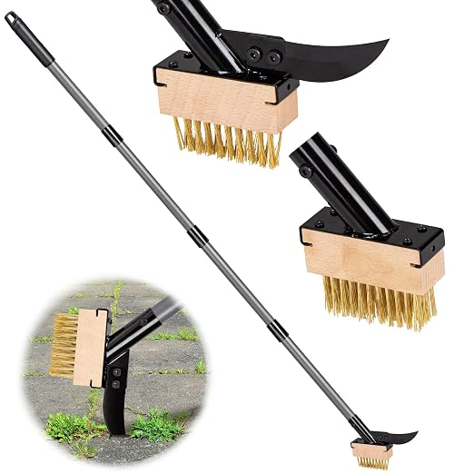 Walensee 66.5in Adjustable 3-in-1 Crack Weeder & Moss Remover Brush Tool | Adjustable Long Handle, 2 Replaceable Brush Heads & Scraper, Cleans Deck Patio Walkway Crevices, Efficient Moss & Weed Puller