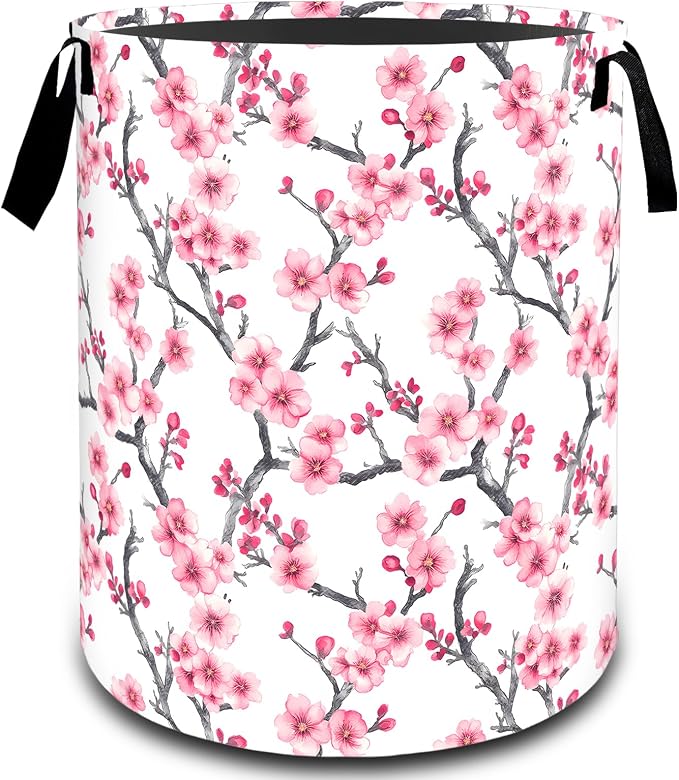Cherry Blossom Floral Branch Laundry Basket, Dirty Collapsible Clothes Toy Organizer Hamper for Kids Adults, Oxford Cloth Waterproof Storage Bin for Bathroom Home Decor Gifts, 19.7"X15.7"
