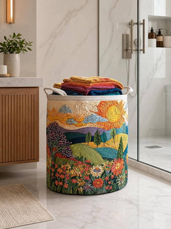 Quilted Laundry Basket with Handles, Boho Floral Quilted Storage Hamper, Large Capacity Laundry Hamper for Nursery Bedroom Laundry Room Home Decor (Pattern 08, Small (18"H x 14"W x 14"L))