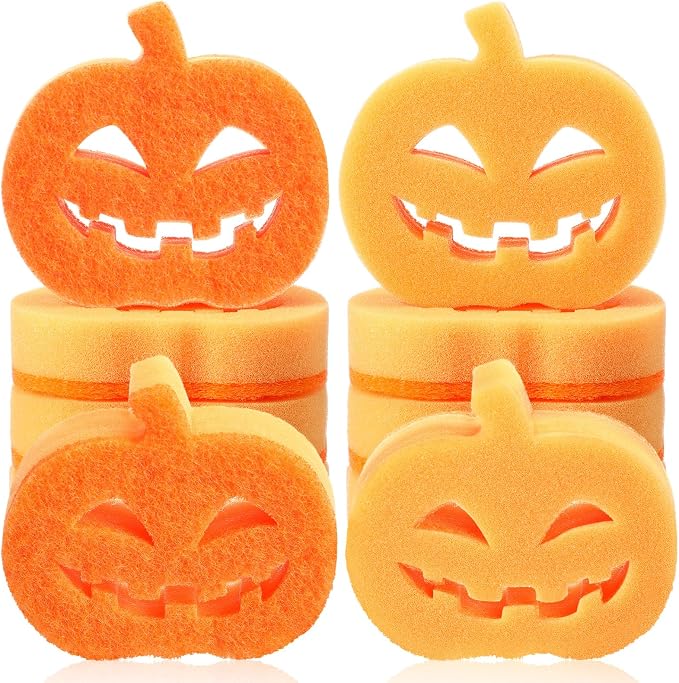 Tioncy 12 Pack Halloween Pumpkin Kitchen Sponges, Orange | Dual Sided Scrubber, Gothic Halloween Decor, Reusable Non Scratch Dishwashing, for Cookware Pot Boiler Pan Household
