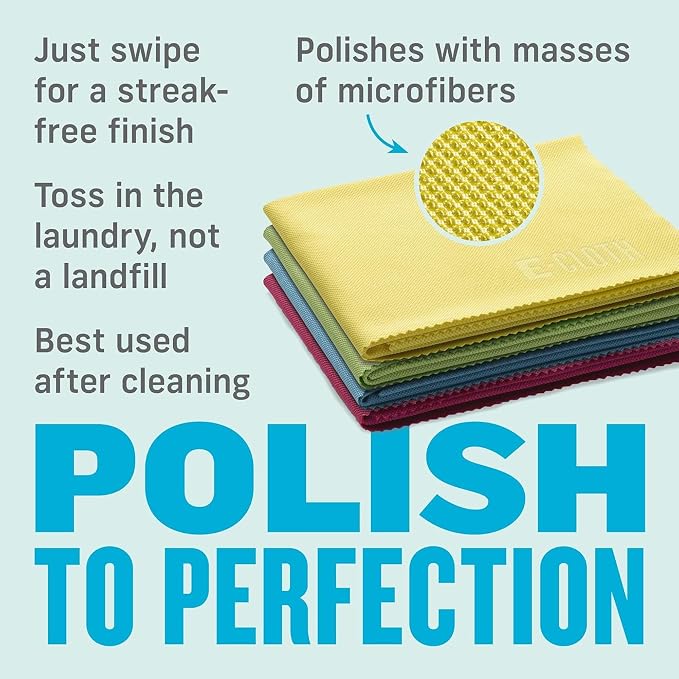 E-Cloth Glass & Polishing Cloth - Reusable & Durable Glass Cleaner - 4 Pack | Cleaning Towel Cloth for Windows, Cars, Mirrors, Eyeglasses, & More, Streak Free Clean, Machine Washable, Assorted Colors