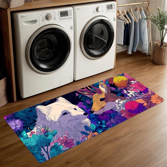 ANNA QUEEN Whimsical Forest Animal Laundry Room Rug Runner 20x47 Inch - Waterproof Non-Slip Floor Mat for Front Load Washer Dryer,Fox Deer Floral Room Decor,Machine Washable