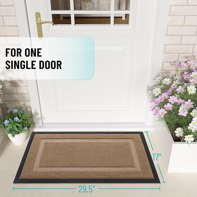 OLANLY Front Door Mat Outside 29.5x17, All-Season Heavy-Duty Rubber Doormat | Light Brown, Absorbent, Stain Fade Resistant, Waterproof Non-Slip Backing, Low-Profile Indoor Outdoor Floor Mat for Entryway