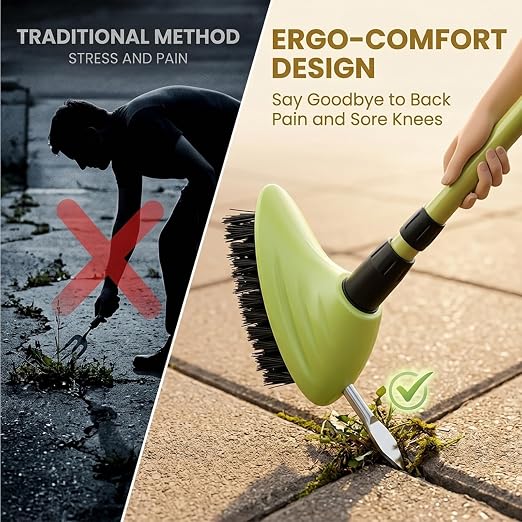 3-in-1 Weed Brush Set with Long Handle for Patio & Driveway (Orange,3pcs) | Includes a floor scrub brush, gap cleaning brush and metal weeding hook for cleaning patios, concrete, decks and driveways.