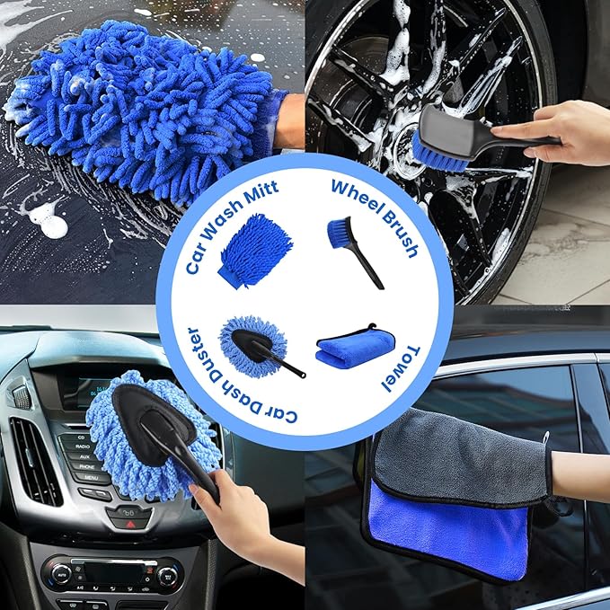 PIMEKOY 17Pcs Car Wash Kit with Bucket for Washing Exterior & Interior Cars | Professional Car Cleaning Kit, 62" Long Handle Car Wash Brush, Mop, Mitt, Duster, Wheel Brush, Detailing Brushes for RV Truck