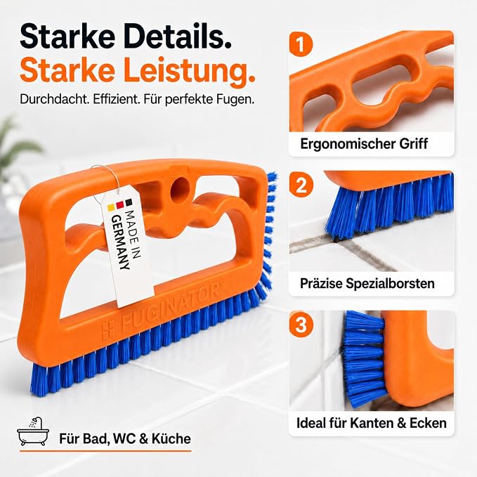 Fuginator Scrub Brush for Tile and Grout: Stiff Nylon Bristle Scrubbing Brush - Bathtub and Shower Scrubber for Floor Joints and Tile Seams - Cleaning Brush (Orange/Blue)