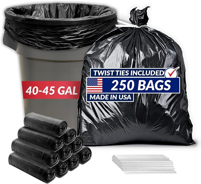 Reli. 40 to 45 Gallon Trash Bags Heavy Duty | 250 Trash Bags, Twist Ties | Black, Serious Garbage Cleanup | Large Garbage Bags with Twist Ties, Made in USA | SuperValue