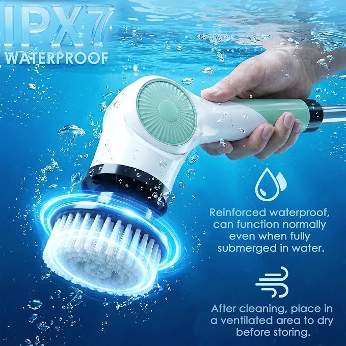 Cordless Electric Spin Scrubber with 10 Replaceable Heads and Long Handle | 3 adjustable lengths, 3 adjustable speeds, 90‑minute runtime, 10 Heads, Waterproof Design for tubs, floors, grout, and cars