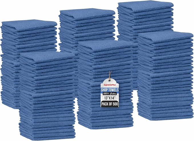 Premium Shop Towels Blue, 500 Pack, 13”x14”, Reusable Cleaning Rags Bulk, Multipurpose Commercial-Grade Shop Rags Cotton for Oil, Grease, Paint, Auto, Garage, Workshop, and Industrial Use