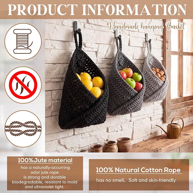 3 Hanging Baskets,Light Grey, White, Dark Grey,Triangle,Cotton Rope | Wicker Wall Baskets with Hooks for Fruit Vegetable Onion Storage, Teardrop Organizer for Kitchen, Boho Farmhouse Decor