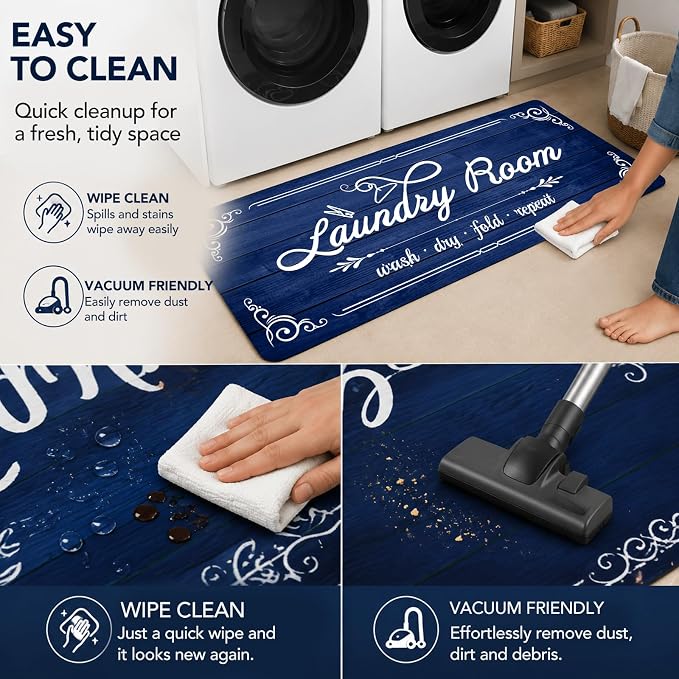 Non-Slip Laundry Room Rug Runner 17.3"x47.2" Washable Floor Cushioned Rubber Carpet Blue Bathroom Hallway Mudroom Kitchen Mat for Farmhouse Entryway Washroom Decor Accessories