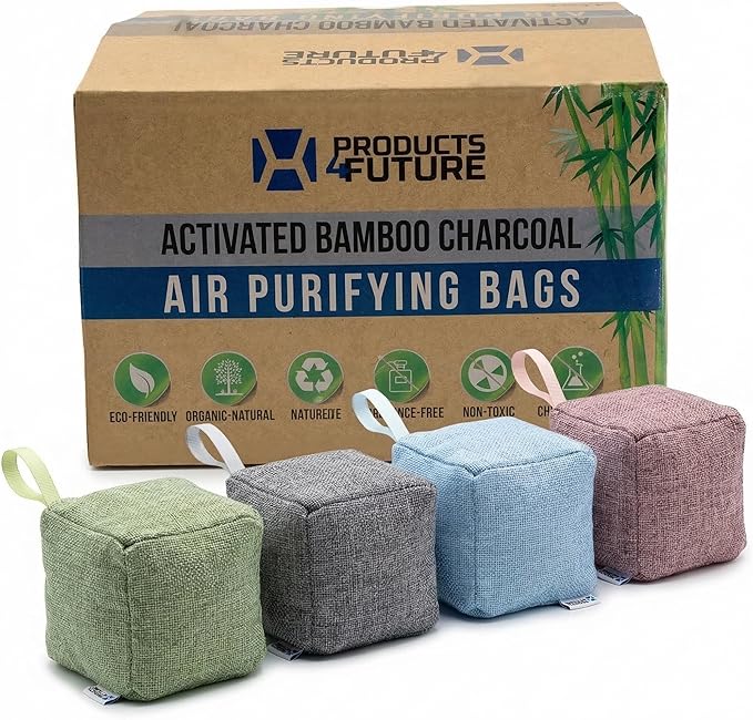4 pack Naturally Activated Bamboo Charcoal Air Purifying Bags | Natural Home Deodorizer Bag | Charcoal Bag Odor Absorber For Pets | Odor Eliminator & Moisture Absorber Air Freshener Bag (200g Cube)