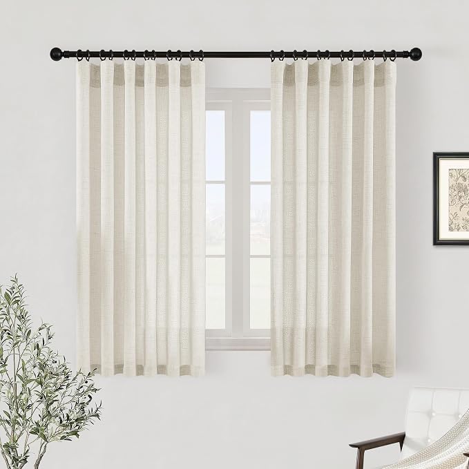 Natural Linen Cafe Curtains 45 Inch Length Small Window 2 Panels | Privacy Light Filtering Semi Sheer, Cream Drape, Rod Pocket, Hook Belt, for Kitchen Bathroom RV, Short Curtain 45 Inches Long