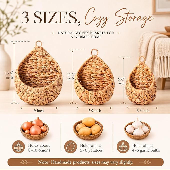 3 Hanging Baskets,Water Hyacinth,Teardrop,Jute | Wicker Wall Baskets with Hooks for Fruit Vegetable Onion Storage, Teardrop Organizer for Kitchen, Boho Farmhouse Decor