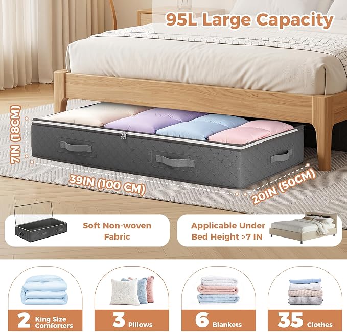 Budding Joy 95L Under Bed Storage Containers, 2 Pack Storage Bins, Grey | Underbed Storage Bags for Blankets, Towels, Comforter, Sweaters, Linen Sheets, Wrapping Paper