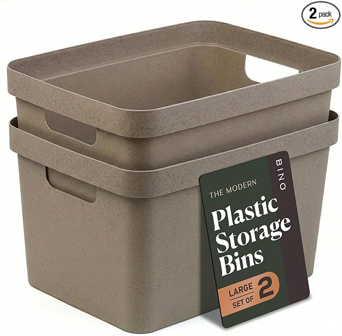 BINO | Plastic Storage Bins, 16 Liter - 2 Pack, Taupe | THE MODERN COLLECTION | Plastic Bins for Organization | Woven Storage Baskets for Organizing | Pantry Shelf Organizer Basket Container Bin