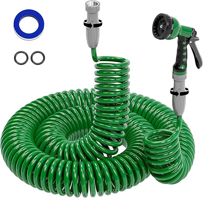 SPECILITE 3/8" Lightweight Coil Garden Hose 100 FT, EVA Flexible Water Hose | Curly Pipe with 6-Pattern Spray Nozzle for Outdoor, Boat, Greenhouse, Yard, Patio, Green