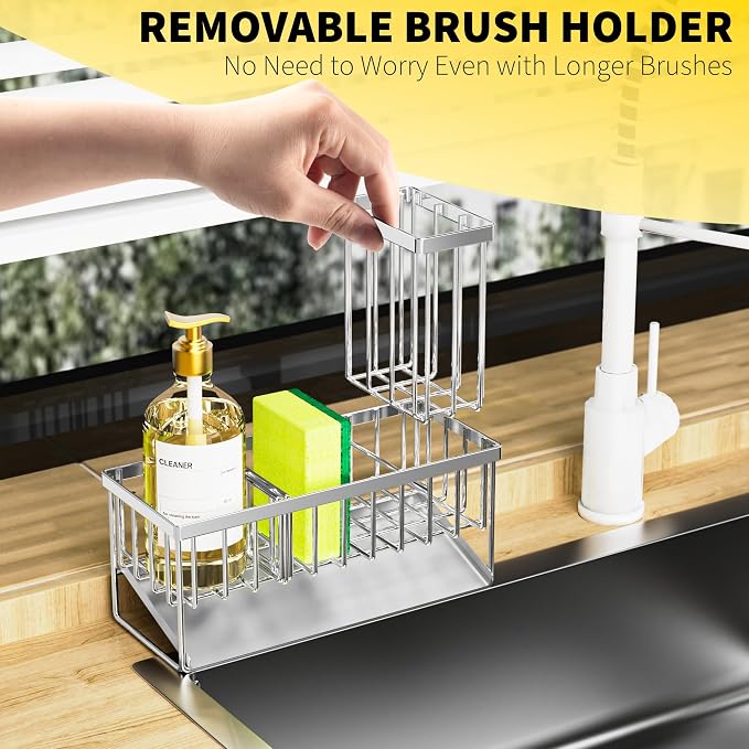 Cisily Sink Caddy Sponge Holder for Kitchen, 304 Stainless Steel Rustproof, Kitchen Sink Caddy with High Brush Holder, Dish Sponge Organizer with Divider(Silver) (Pack of 2)