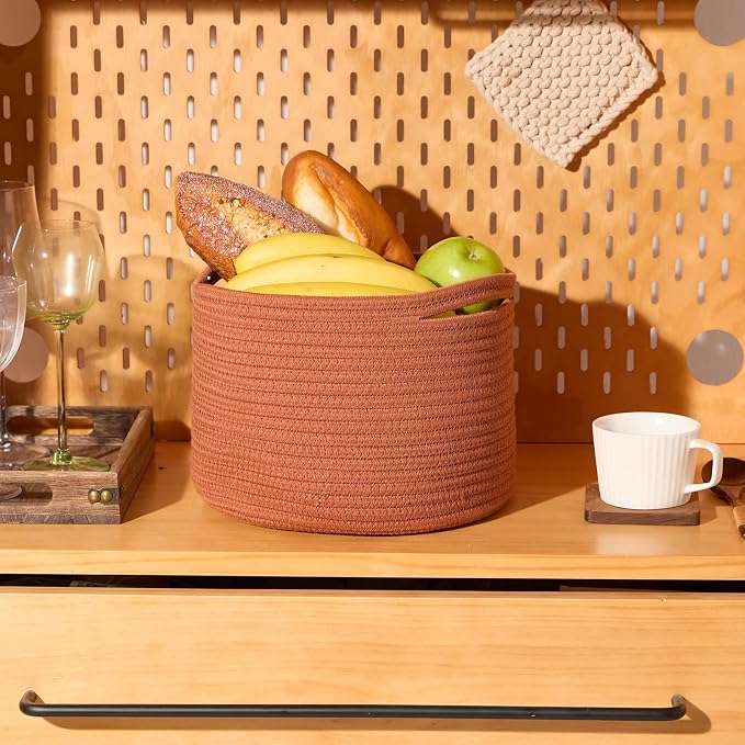 MiniArk Small Basket for Organizing | Cube Shelf Closet Storage Baskets | 9.7×9.7×7.1” | Woven Rope Gift Basket | Nursery | Round 3 Packs Oxide Red