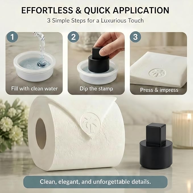 Toilet Paper Stamp Seal Press with Water Reservoir, Palm Tree | Palm Tree stamp, 1.18 in toilet tissue embosser for guest baths, rentals, hotels, staging