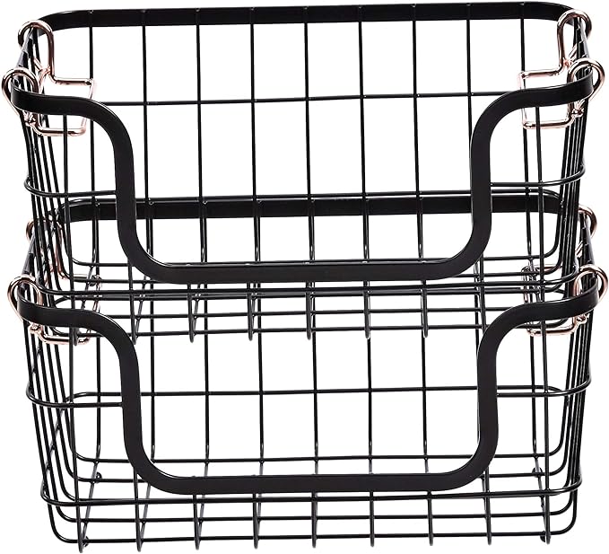 Amazon Basics Stackable Metal Wire Rectangular Storage Baskets for Kitchen, Bathroom or Pantry Organizing, 2 Count, Black (Pack of 4)
